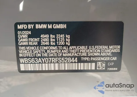 2024 BMW M3 Cs z USA, uszkodzony, nr VIN WBS63AY07RFS52844